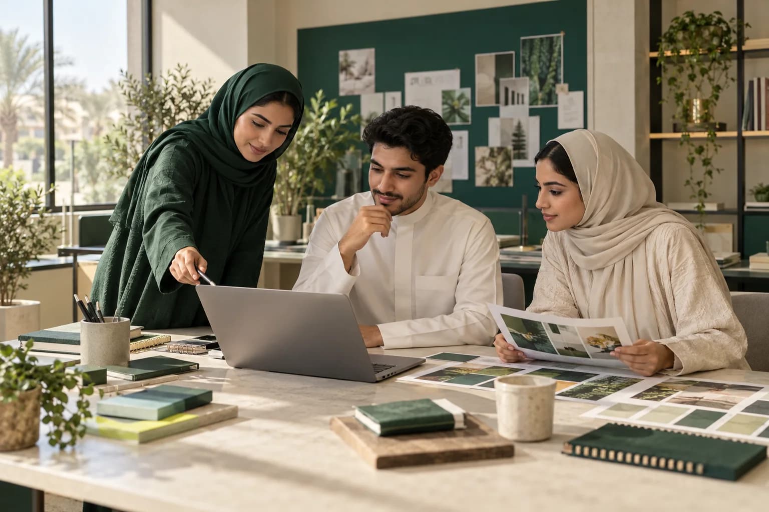 تصوّر لطلاب تدريب تعاوني يراجعون تصاميم ومشروعًا رقميًا معًا في استوديو عمل