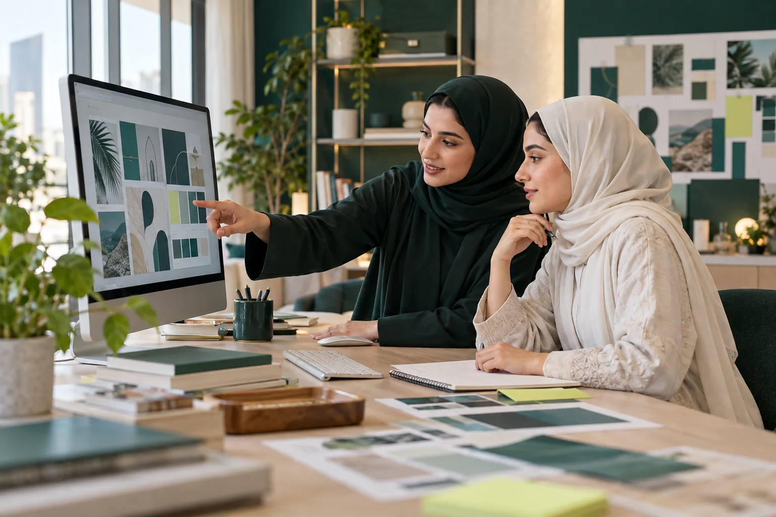 تصوّر لجلسة تدريب عملي بين مرشدة وطالبة على مشروع تصميم رقمي